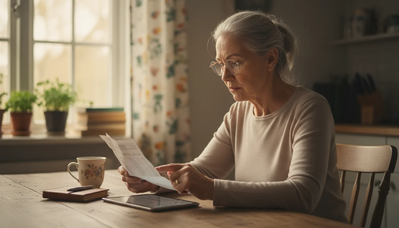 A senior woman with reading glasses carefully examines a bank statement or tablet at her kitchen table.