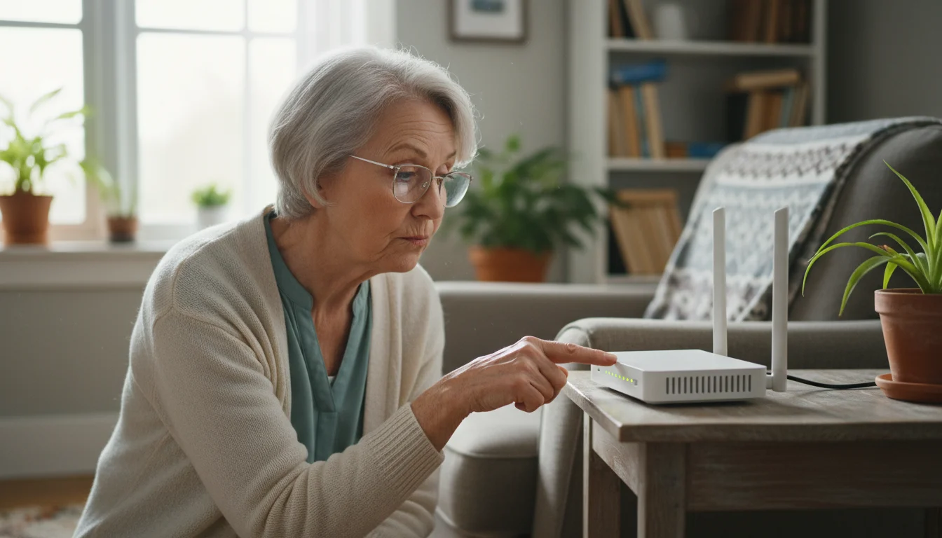 A senior woman with reading glasses examines the lights on her home internet router in a living room.