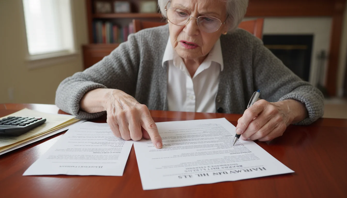 A senior woman with reading glasses looks confused and concerned while examining a complex financial document with small print.