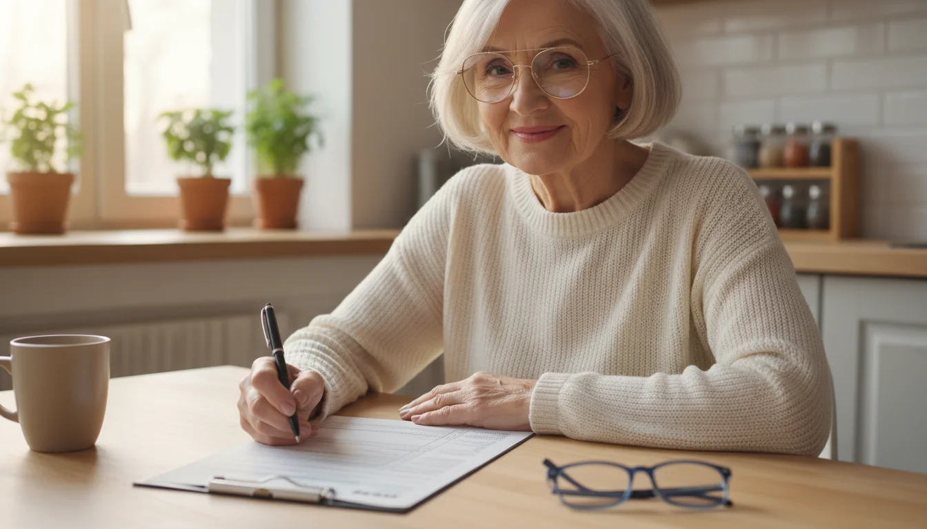 A senior woman with reading glasses and a pen reviews a printed tax form (Form 1040) at a bright kitchen table, smiling subtly.