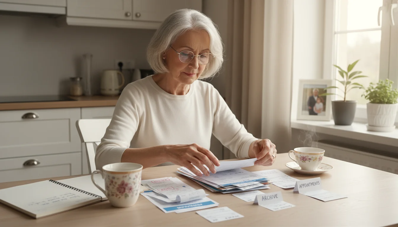 A senior woman with reading glasses carefully sorts medical receipts at her kitchen table, organizing them into small piles.