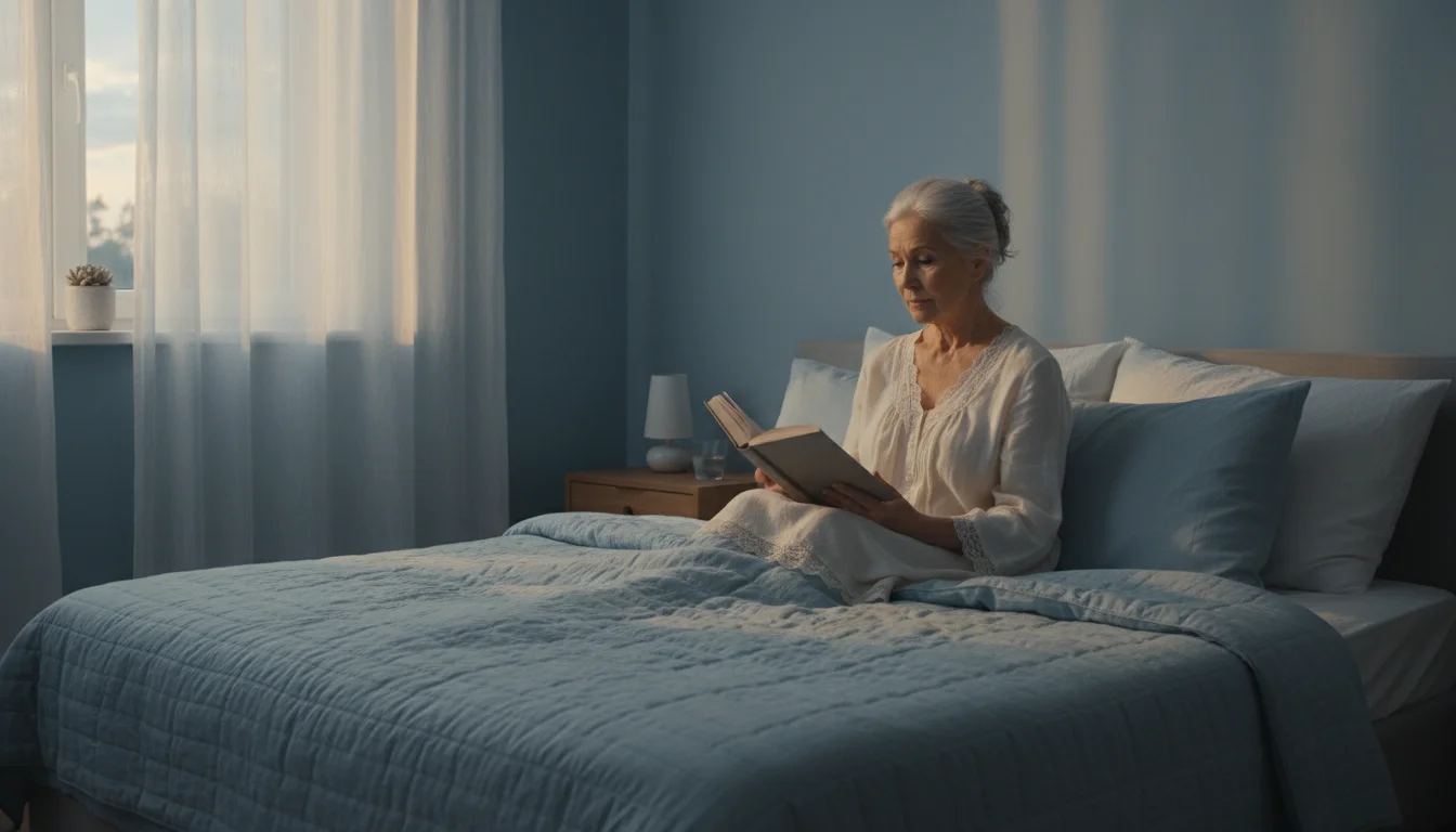 A senior woman reads a book in a calm, cool-toned bedroom at dusk, comfortably preparing for sleep.