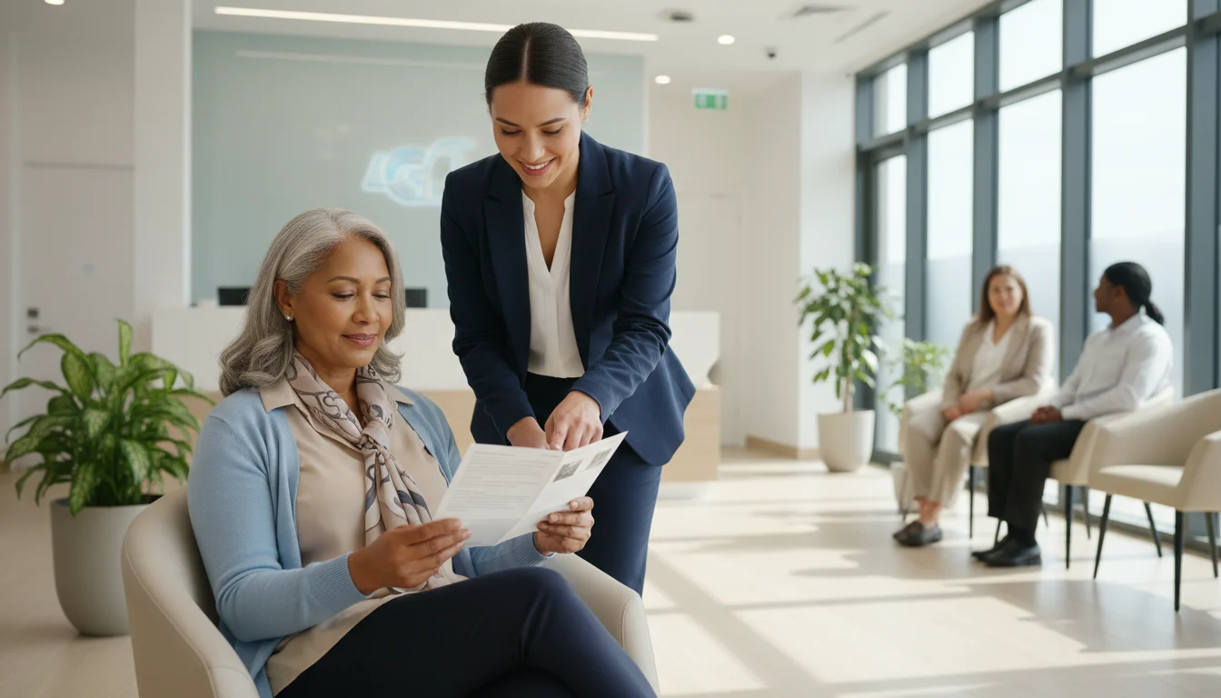 A senior woman reviews a document with a medical assistant in a bright, modern clinic lobby, surrounded by other patients and staff.