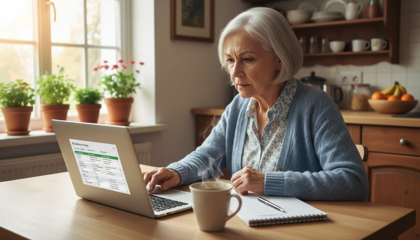 A senior woman reviews her medication list and plan options on a laptop at a sunlit kitchen table.