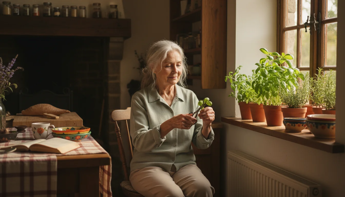 A senior woman seated by a sunny kitchen window, gently snipping basil from a pot in a window box on the sill.