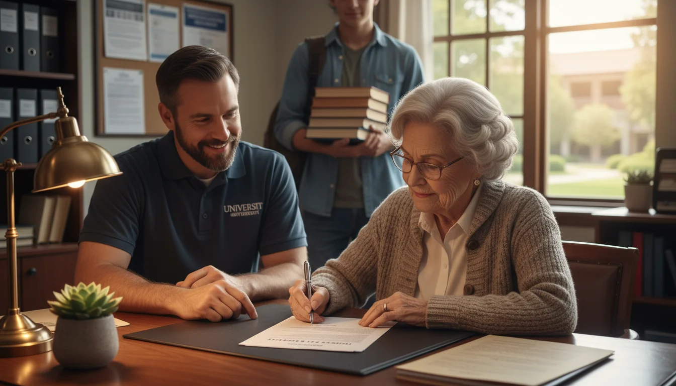 Senior woman signing a payment document at a university office desk, with a staff member and her grandchild looking at a map.