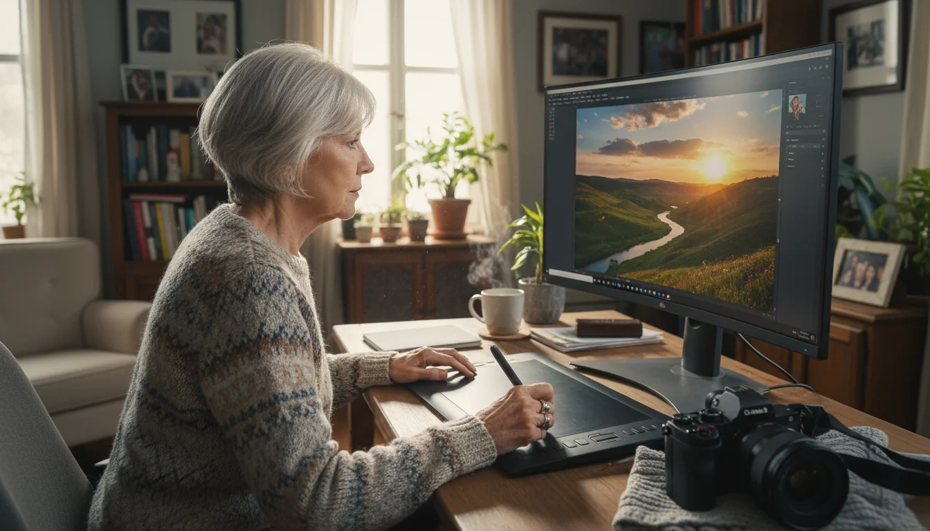 Senior woman with silver hair intently editing a landscape photo on a large computer monitor in her bright home office. A camera is on the desk.