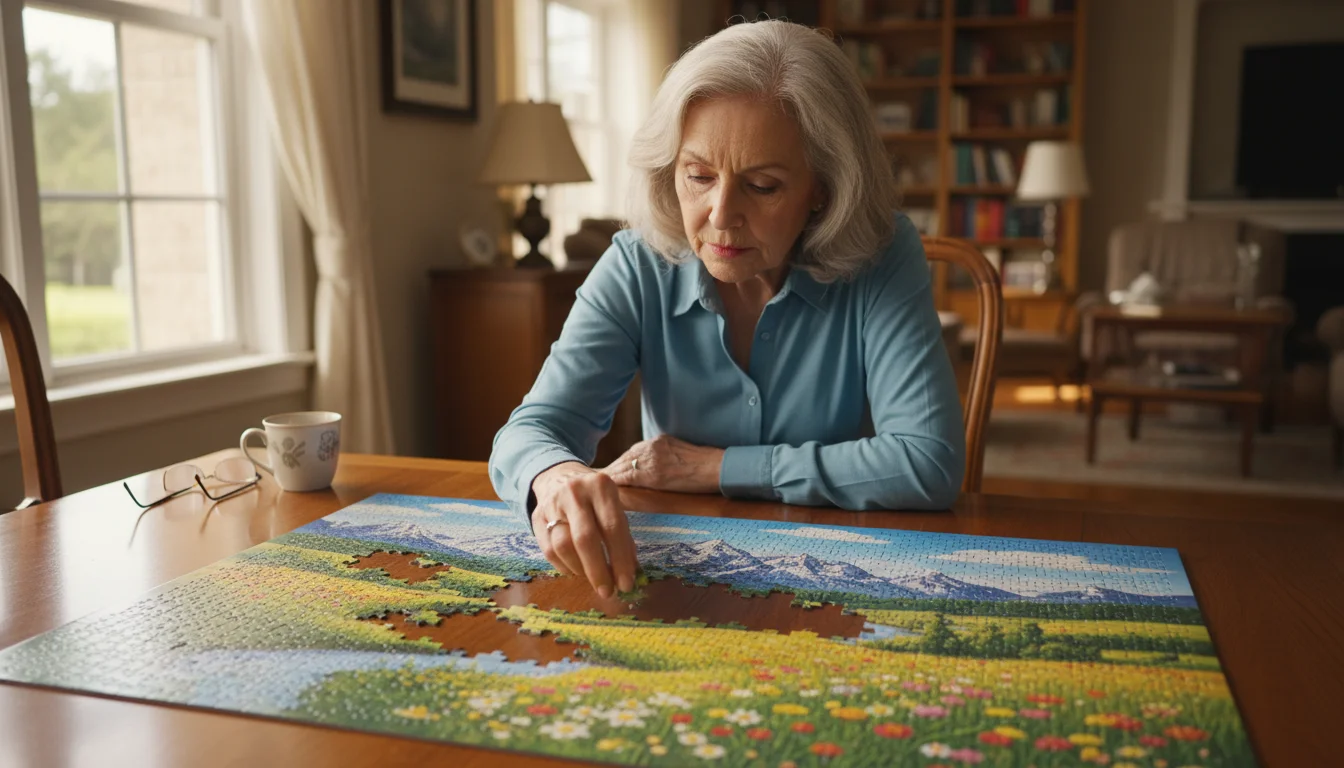 A senior woman with silver hair intently works on a colorful jigsaw puzzle at a well-lit dining table.
