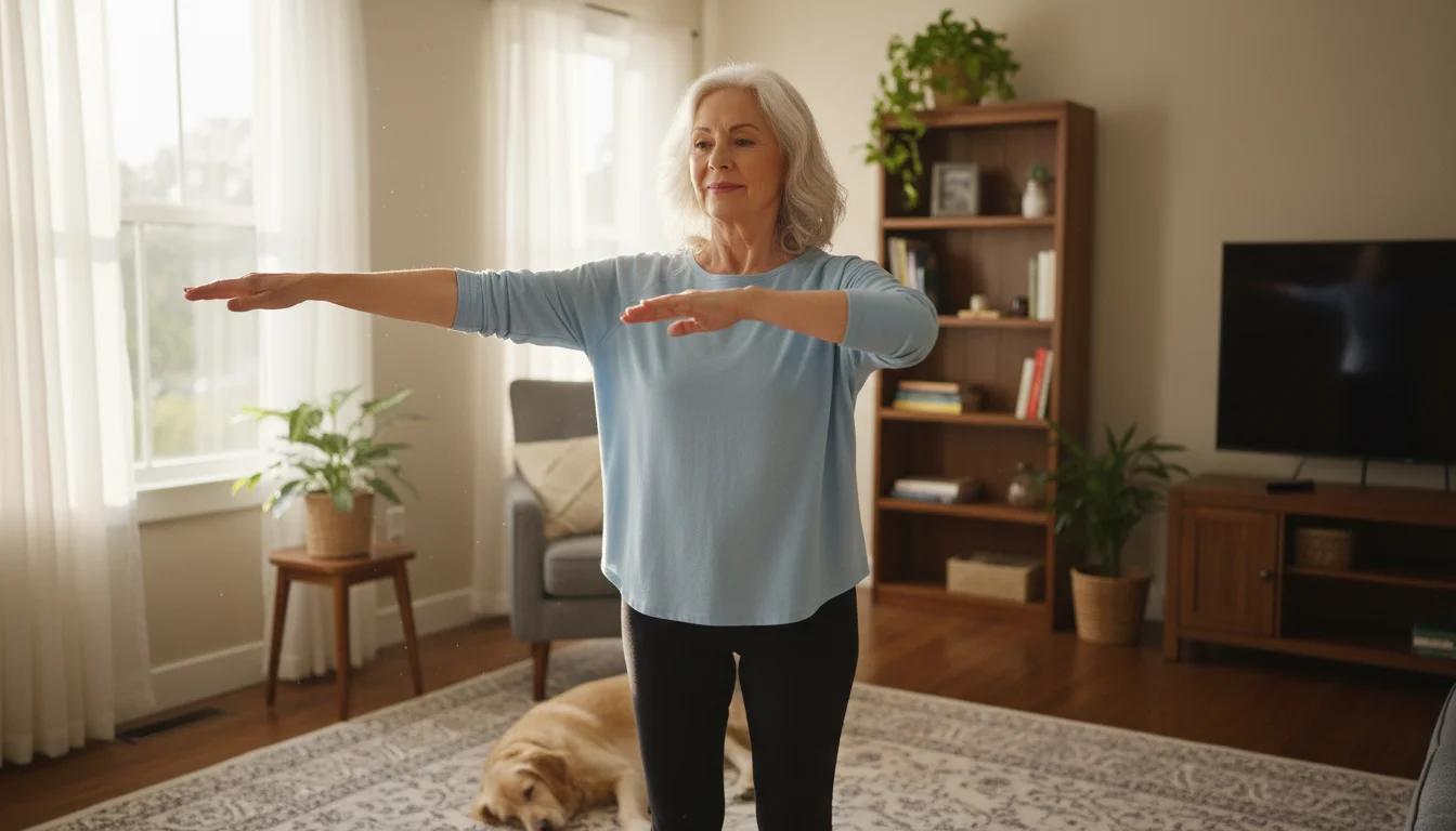 Senior woman with silver hair performing backward arm circles in a sunlit living room, arms extended to her sides.