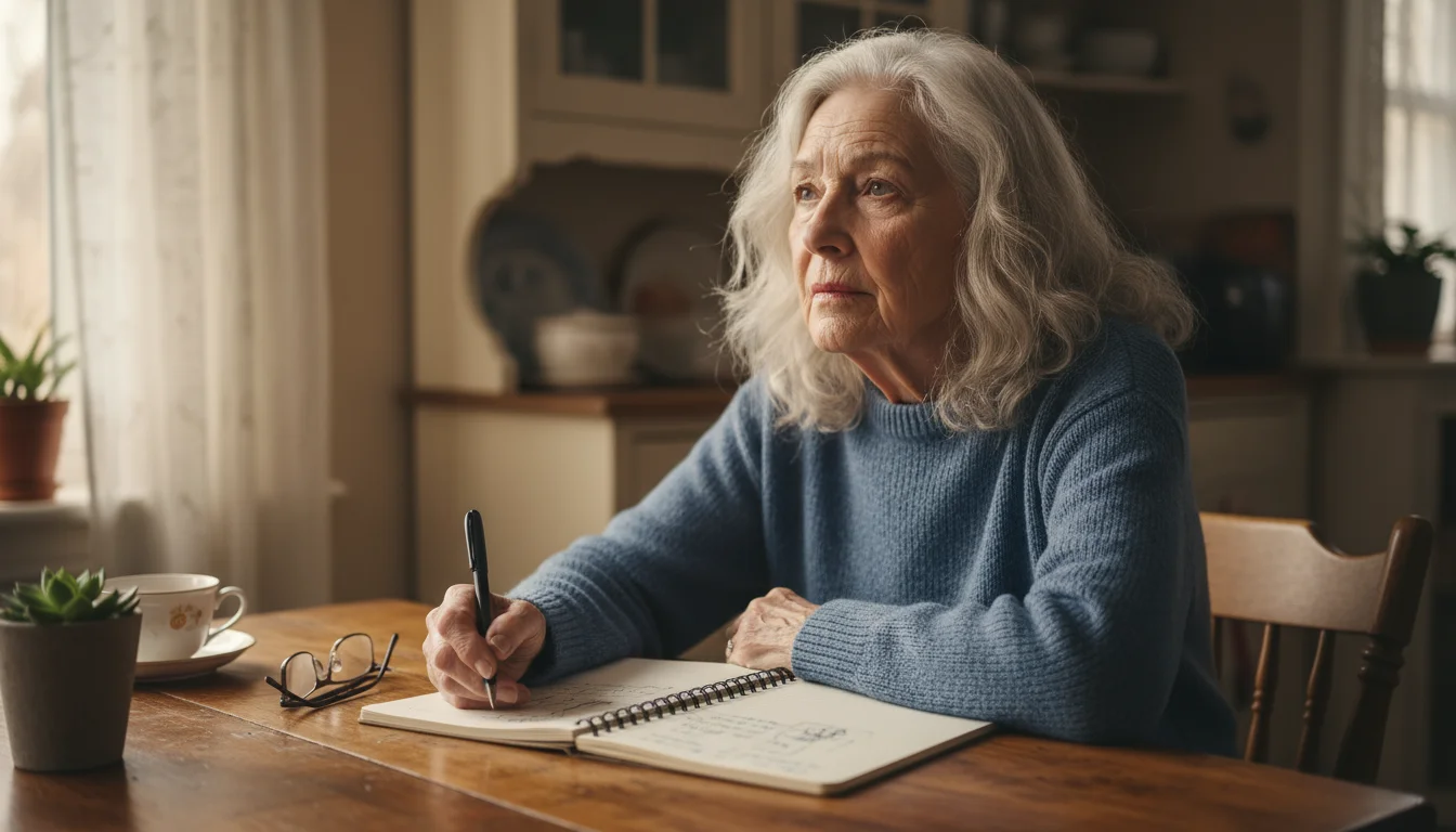 A senior woman with silver hair sits at a wooden table, holding a pen above an open notebook, deep in thought.