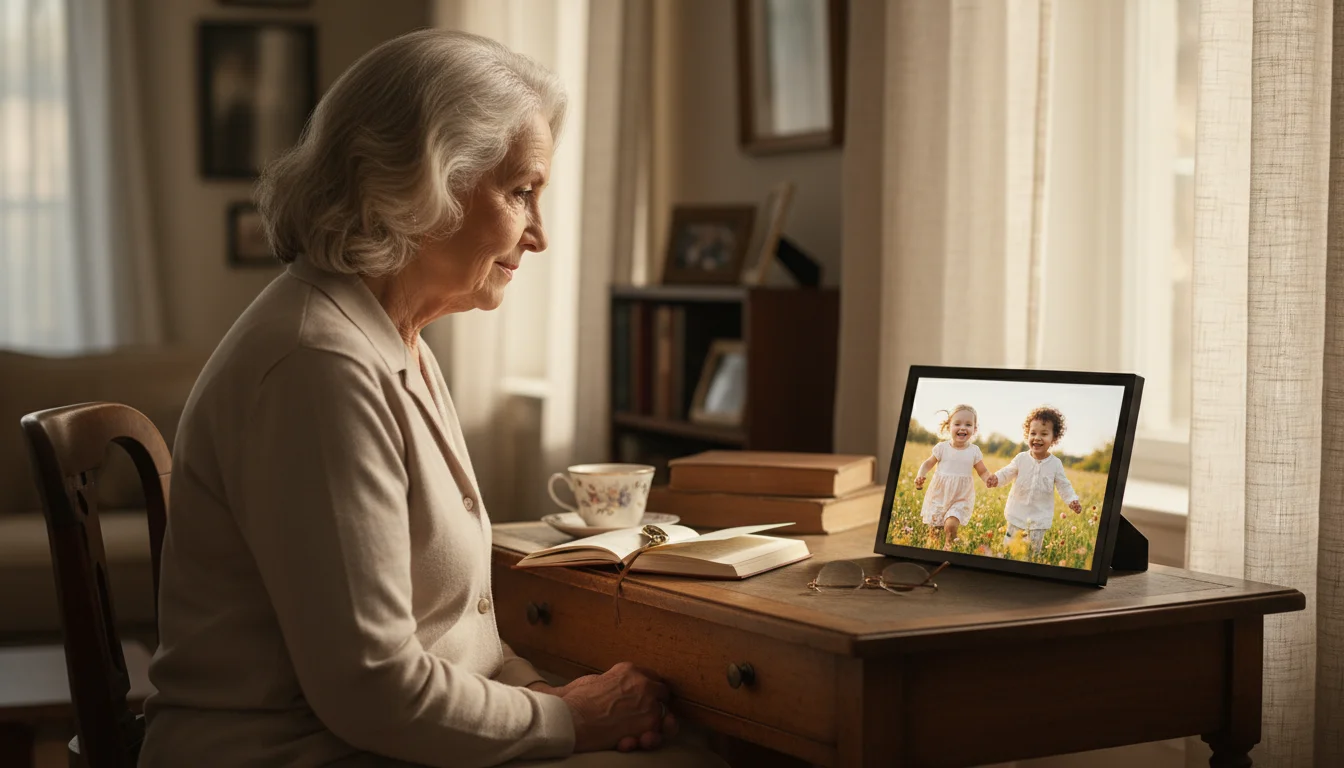 A senior woman with silver hair watches a digital photo frame showing laughing grandchildren, sitting at a sun-dappled desk.