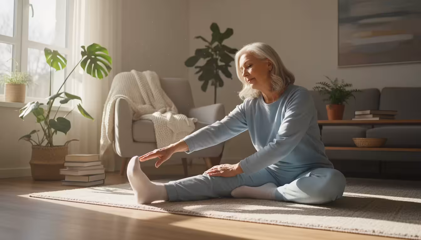 A senior woman with silver hair, wearing soft clothes, gently stretches on a living room rug, bathed in warm sunlight.