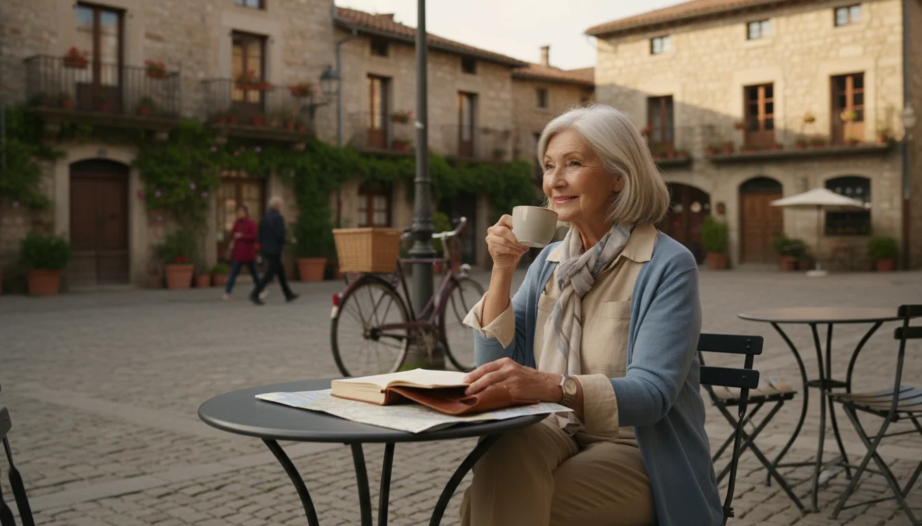 A senior woman sits alone at an outdoor cafe table in a quiet European town square, consulting a map and journal.
