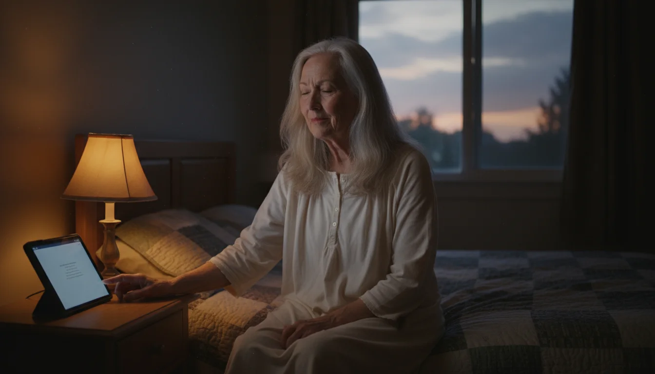 Senior woman, 70s, sits on bed at dusk, eyes narrowed. A tablet on her nightstand emits a faint, cool blue glow.