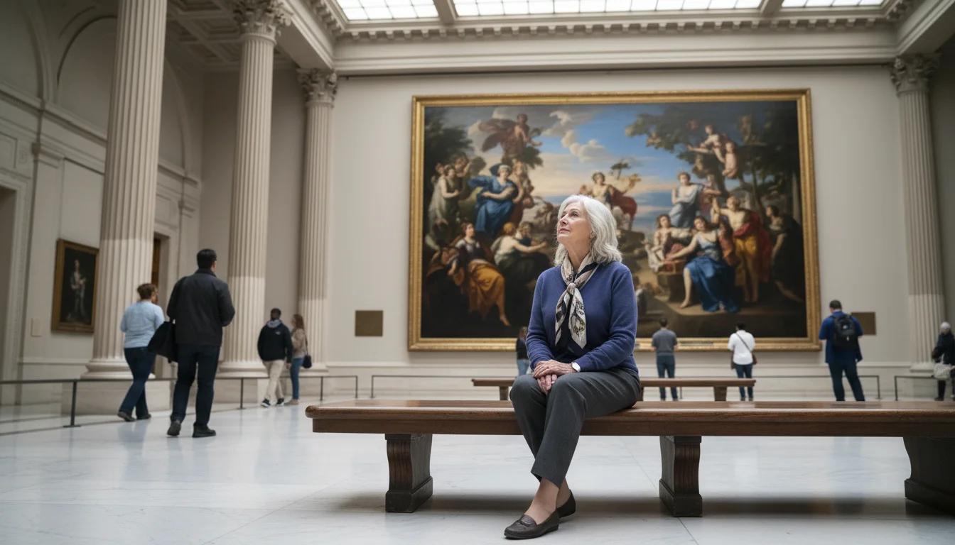 A senior woman sits on a bench in a large, bright art gallery, looking thoughtfully at a grand painting on the wall.