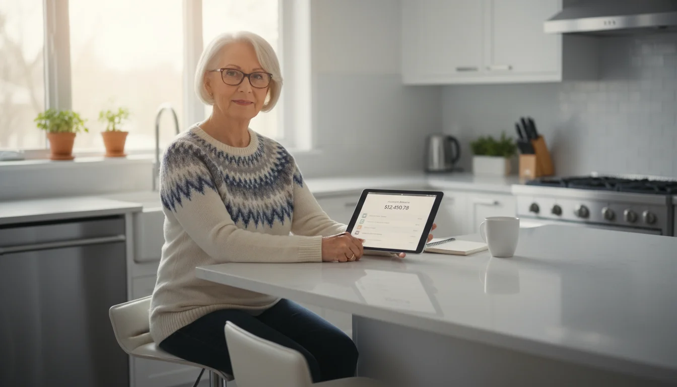A senior woman sits at a kitchen island, looking at a tablet screen displaying a generic banking app interface.