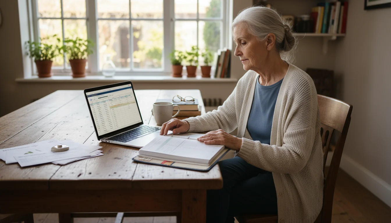 A senior woman sitting at a kitchen table, thoughtfully reviewing an open financial planner, bank statements, and a laptop with a budget spreadsheet.
