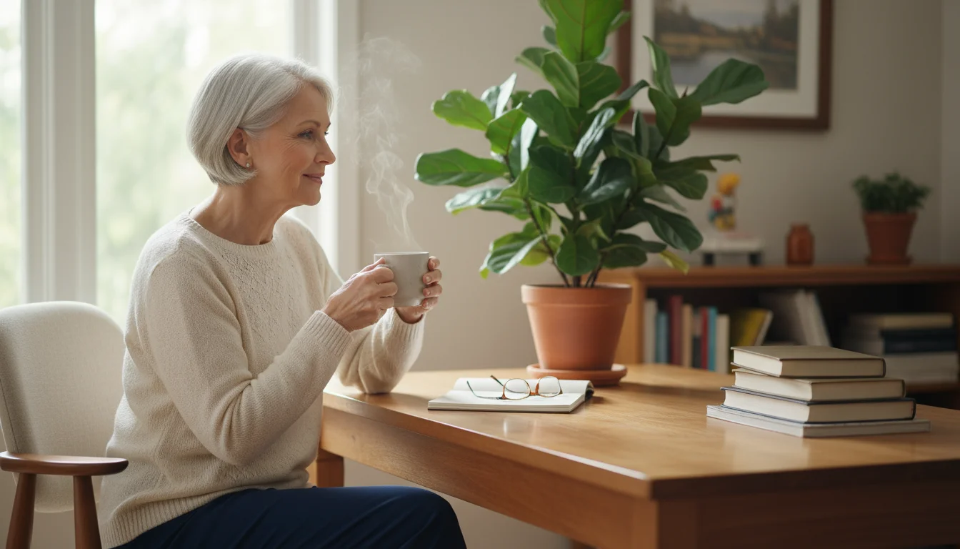 A senior woman sitting at a tidy home desk, holding a mug and looking peacefully at a vibrant potted plant.