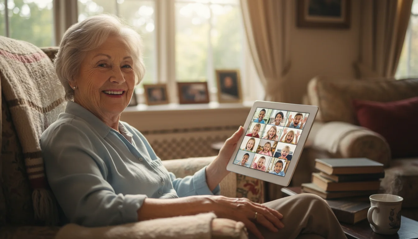 Senior woman smiling genuinely while video calling family on a tablet, happy faces visible on screen.