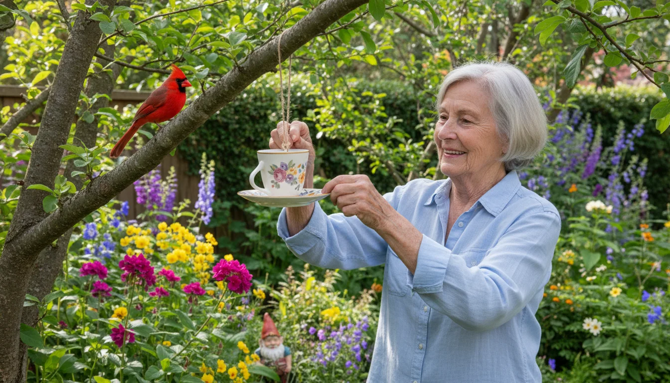 Senior woman (70s) smiling while hanging a homemade teacup bird feeder in her blooming backyard, with a cardinal nearby.