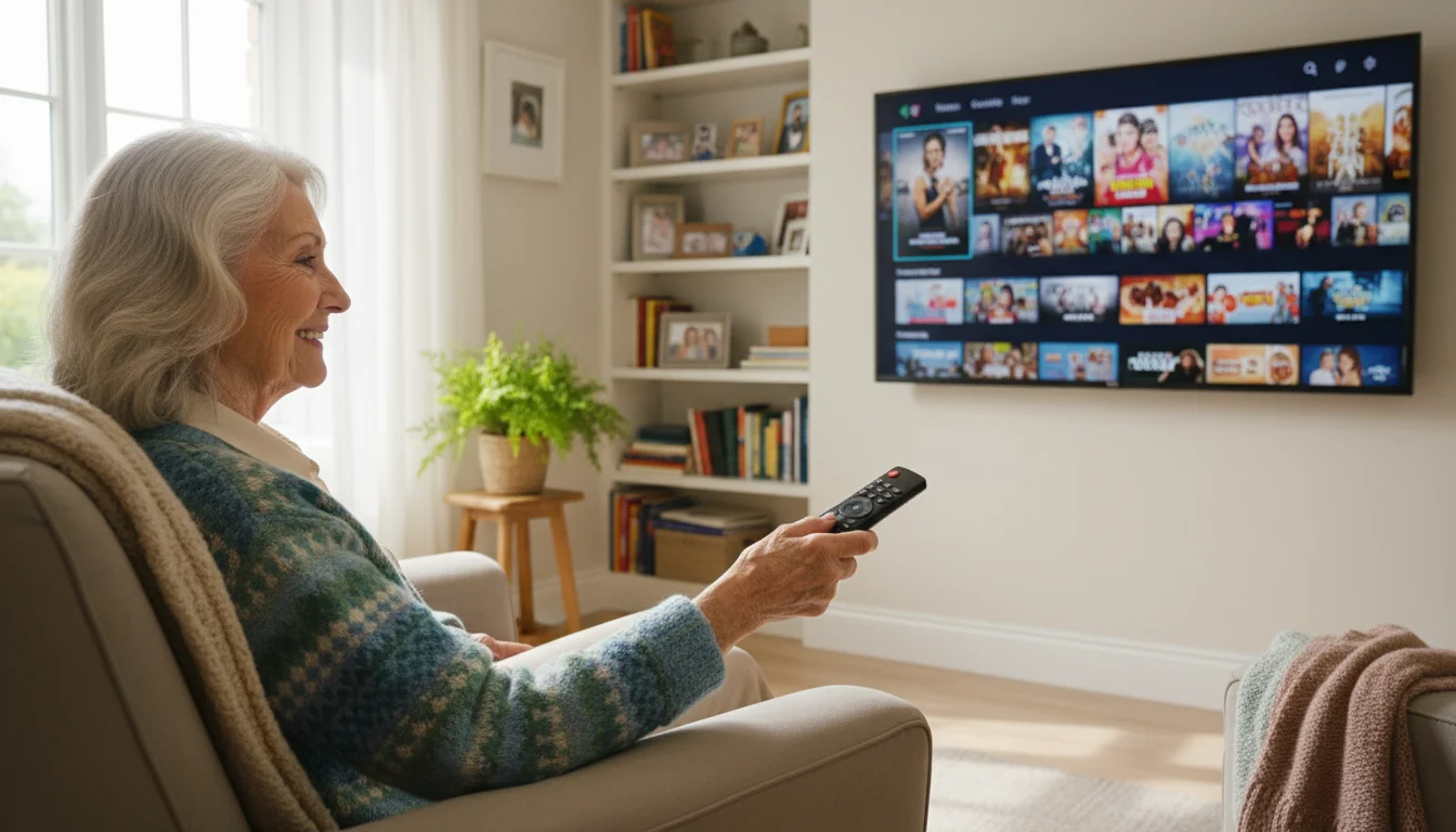 Senior woman smiling while watching a large TV displaying various streaming content options on screen, holding a remote.