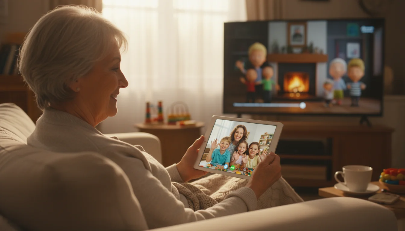 Senior woman on sofa, holding tablet with family video call. A TV in background shows a movie. She's smiling, connecting remotely.