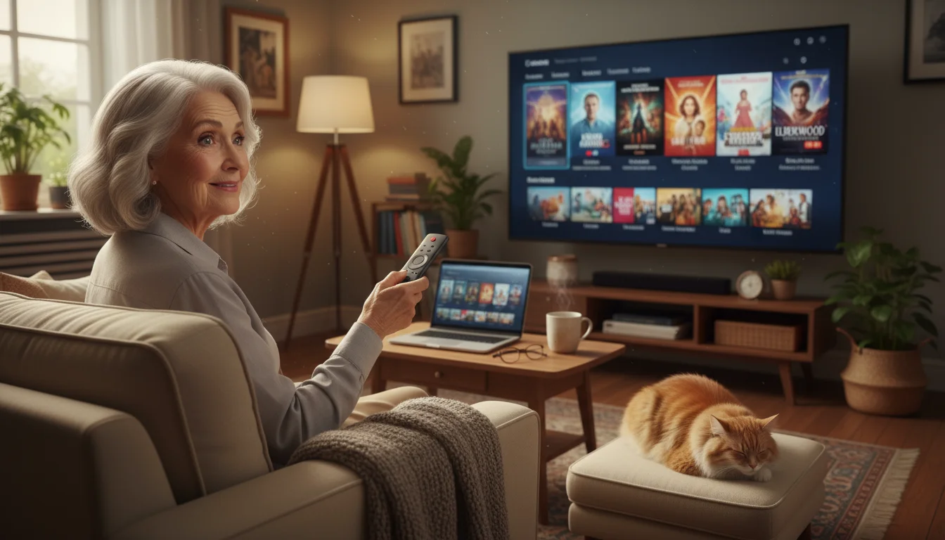 A senior woman on a sofa watches a Smart TV displaying streaming content, holding a remote. A closed laptop is on a side table.