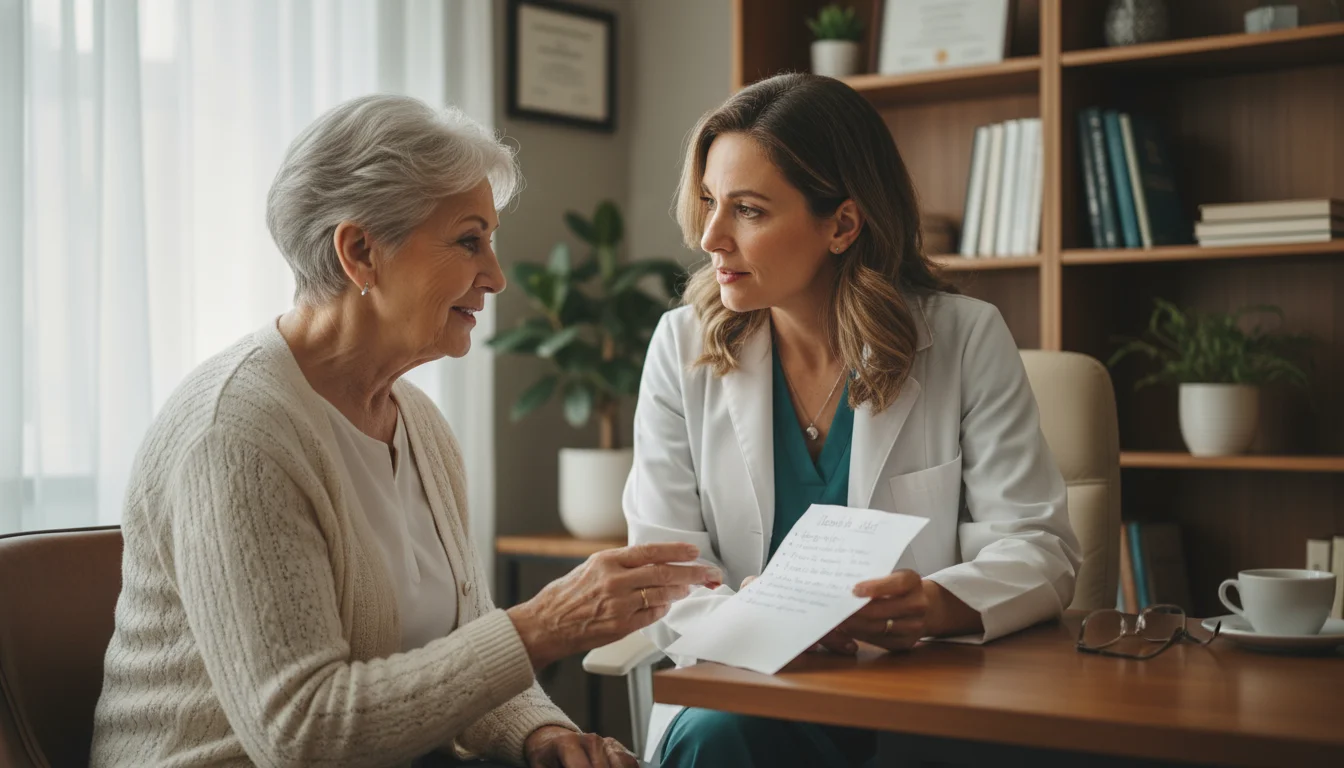 Senior woman speaking to female eye doctor, holding a handwritten health list. Doctor is leaning in, listening intently.