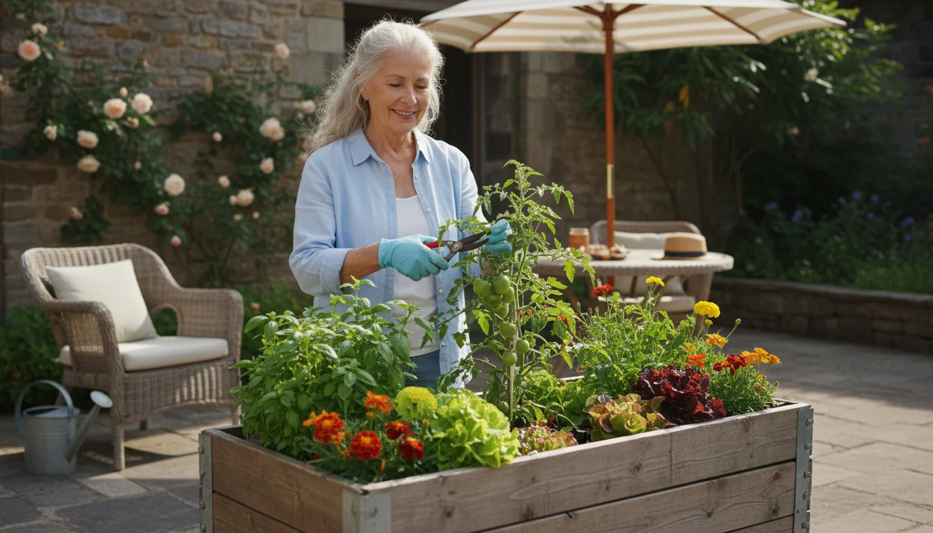 A senior woman stands comfortably, pruning a tomato plant in a waist-high wooden raised garden bed on a sunny patio.
