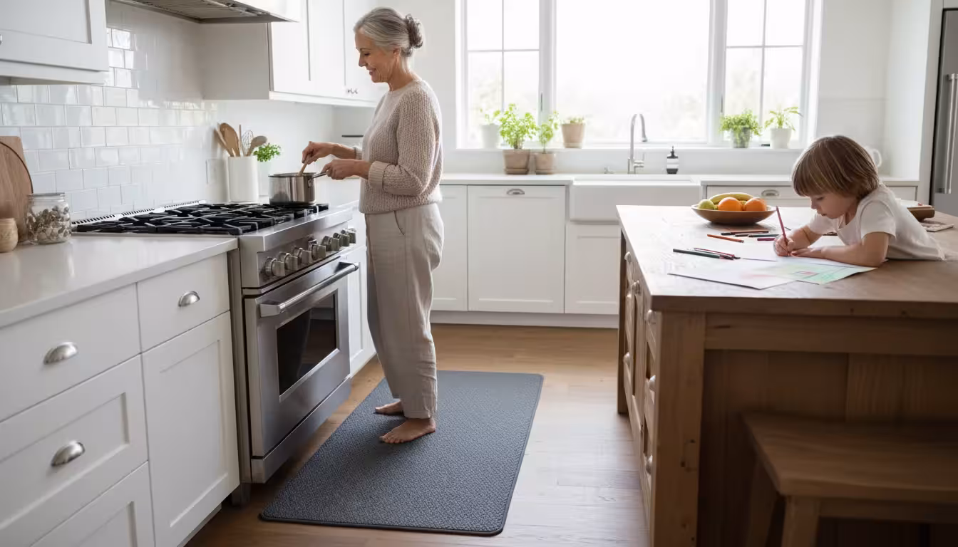 A senior woman stirs a pot on a kitchen stove, standing on a wide, textured anti-fatigue mat. A young child is at a counter in the background.