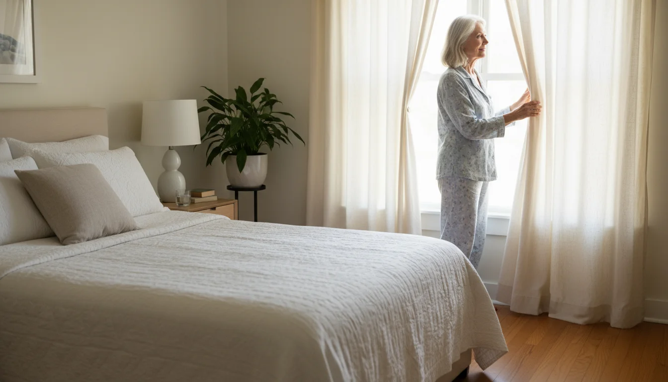 A senior woman in a sunlit bedroom, opening linen curtains, looking refreshed with a contented smile as morning light streams in.