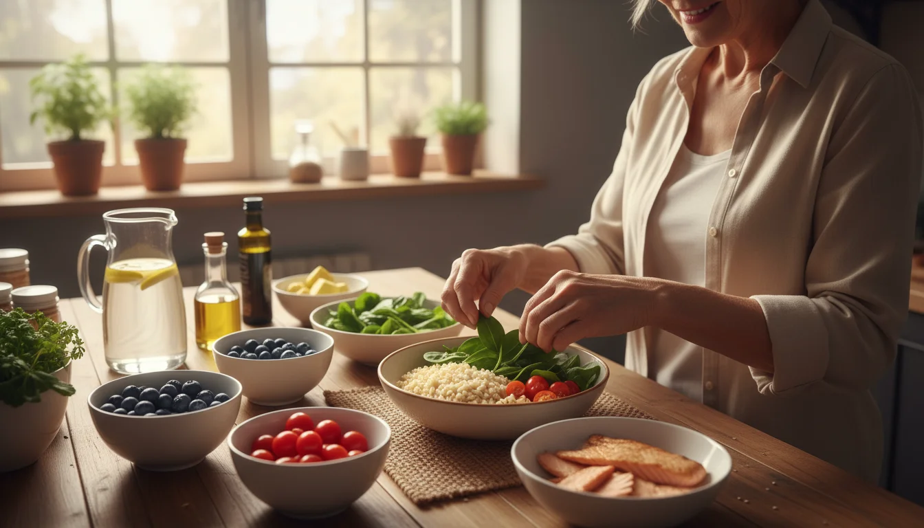 A senior woman in a sunlit kitchen gently places spinach in a bowl with brown rice, salmon, blueberries, and cherry tomatoes.
