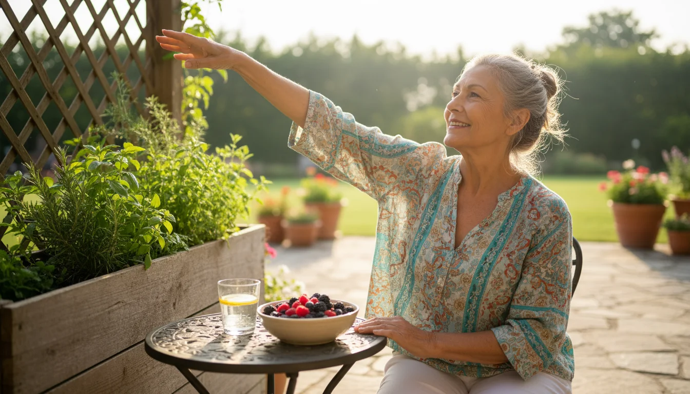 A senior woman on a sunlit patio, gently stretching, with a glass of water, fresh fruit, and small herb plants.