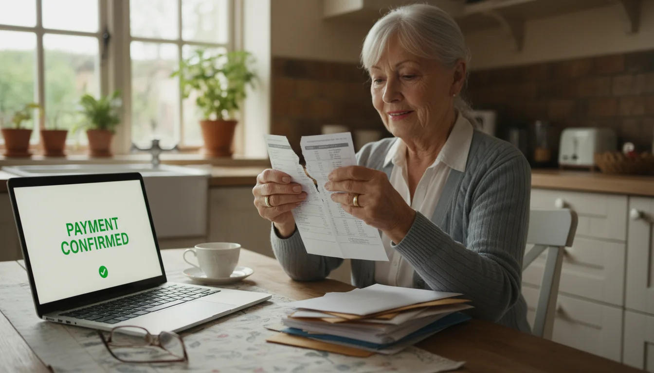Senior woman tearing a small bill, a laptop showing 'payment confirmed' nearby.