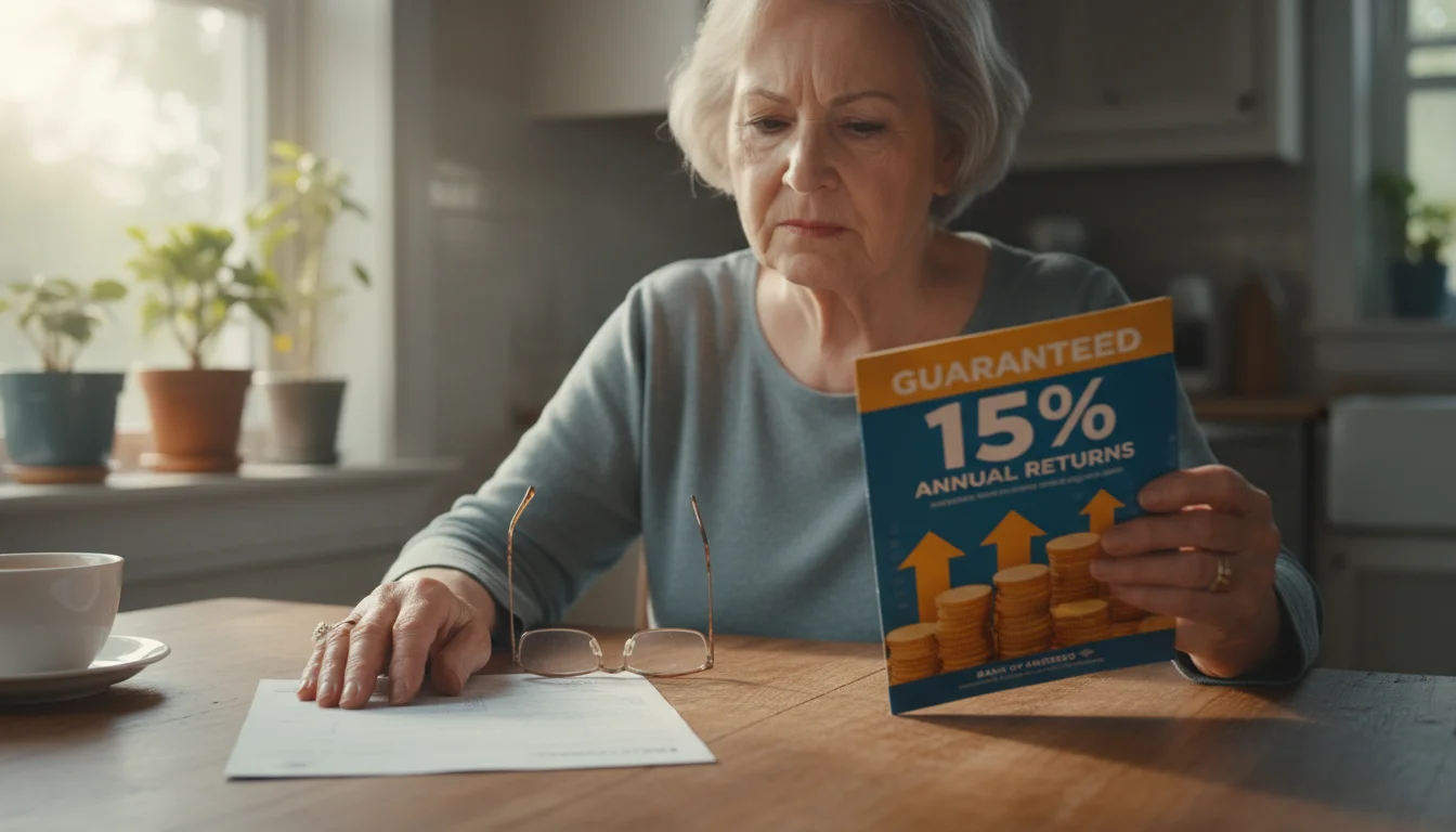 A senior woman thoughtfully examining a flashy investment brochure beside a simple bank statement on a kitchen table.