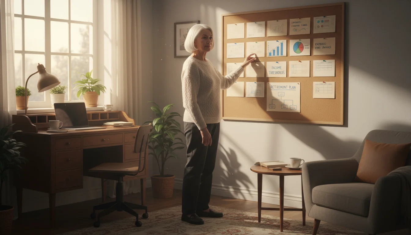 Senior woman thoughtfully touching a cork board with financial planning notes in a sunlit home office corner.