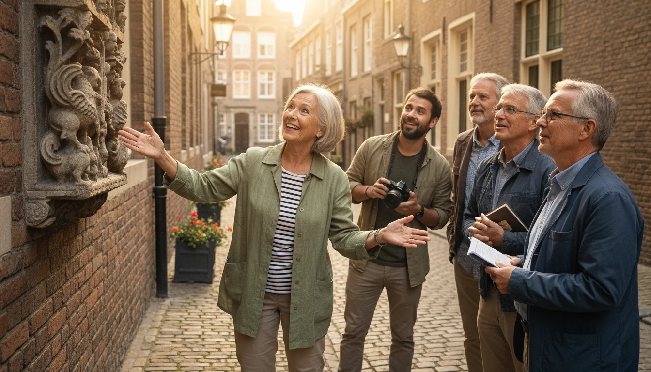 A senior woman tour guide gestures enthusiastically to a historic building on a cobblestone street, engaging a small group of diverse tourists.
