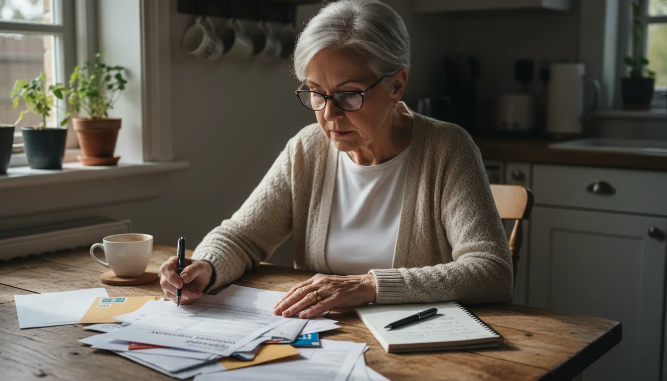A senior woman wearing glasses sits at a kitchen table, intently reviewing a stack of financial documents and mail.