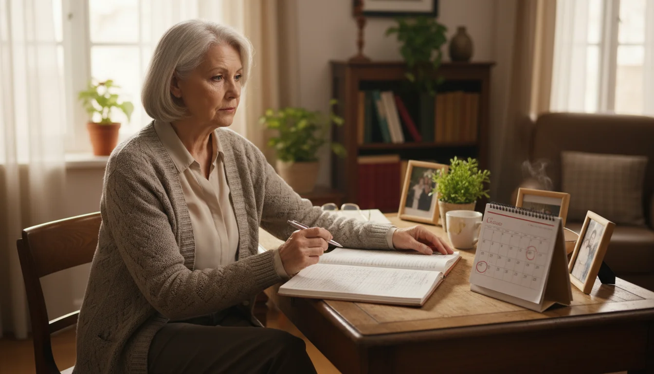 Senior woman at a wooden desk, thoughtfully reviewing an open financial ledger and a desk calendar. She looks calm and focused.