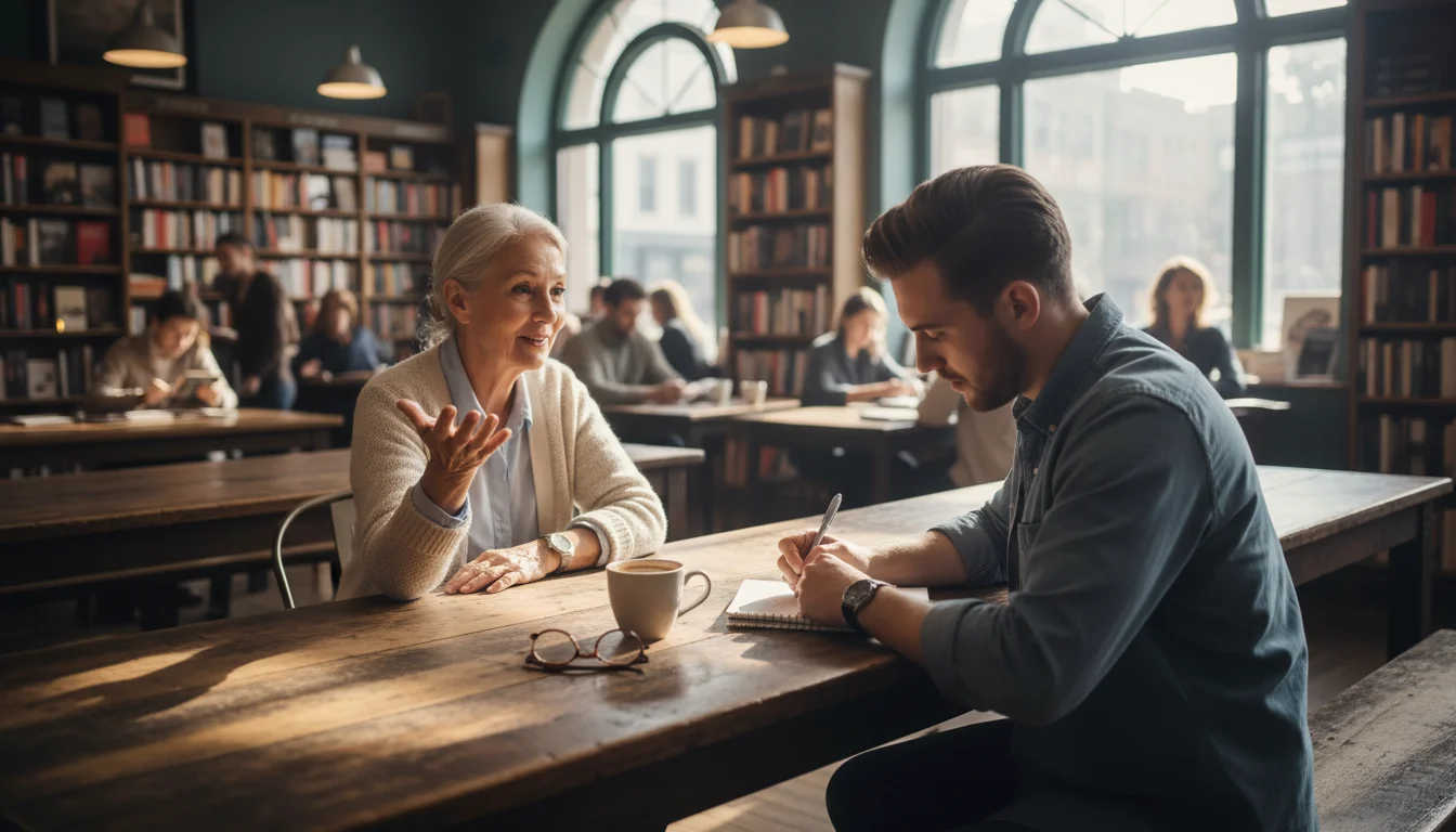 A senior woman and a younger man sit at a cafe table, deeply engaged in conversation, the man taking notes.