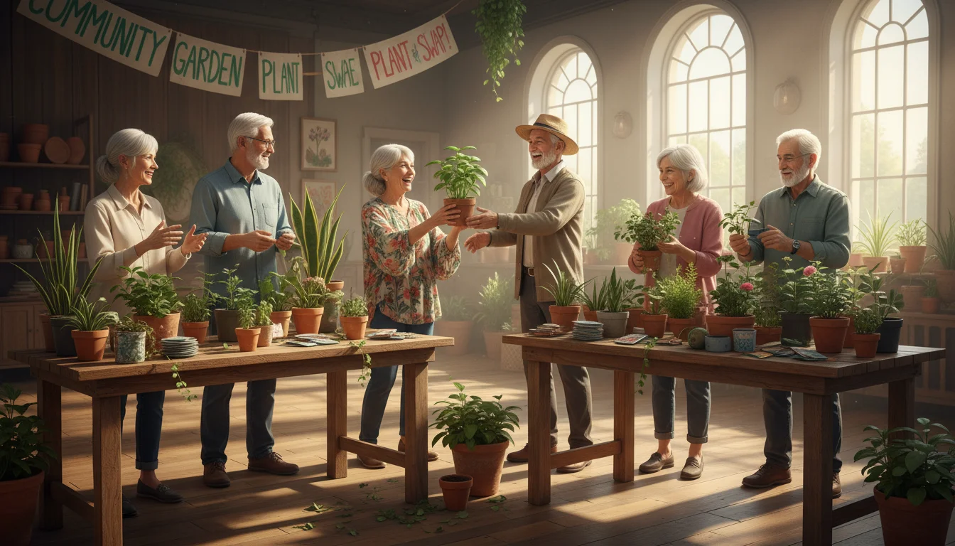 Seniors at a lively garden club plant swap, an older woman shows a potted herb to an older man, others chat and exchange plants.