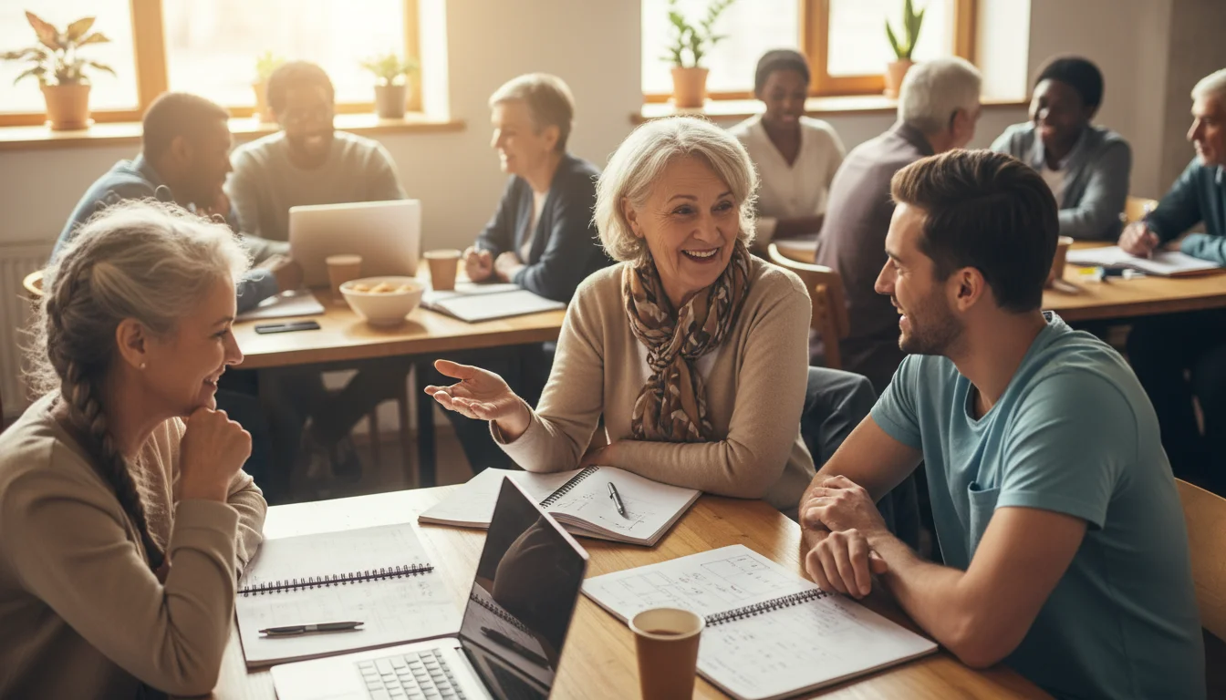 Seniors and young adults laughing and talking in a language class, showing intergenerational connection.