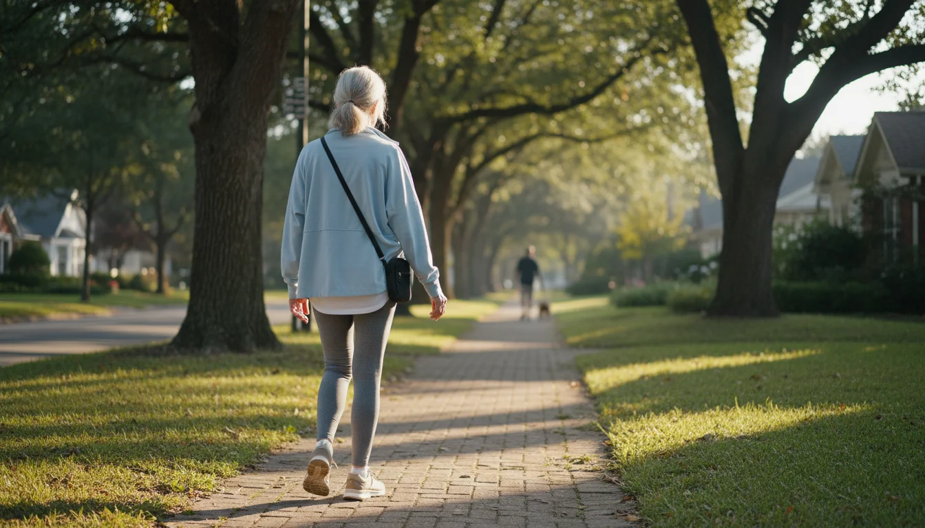 A serene older woman, around 70, takes a gentle first step on a quiet, tree-lined sidewalk in her neighborhood.