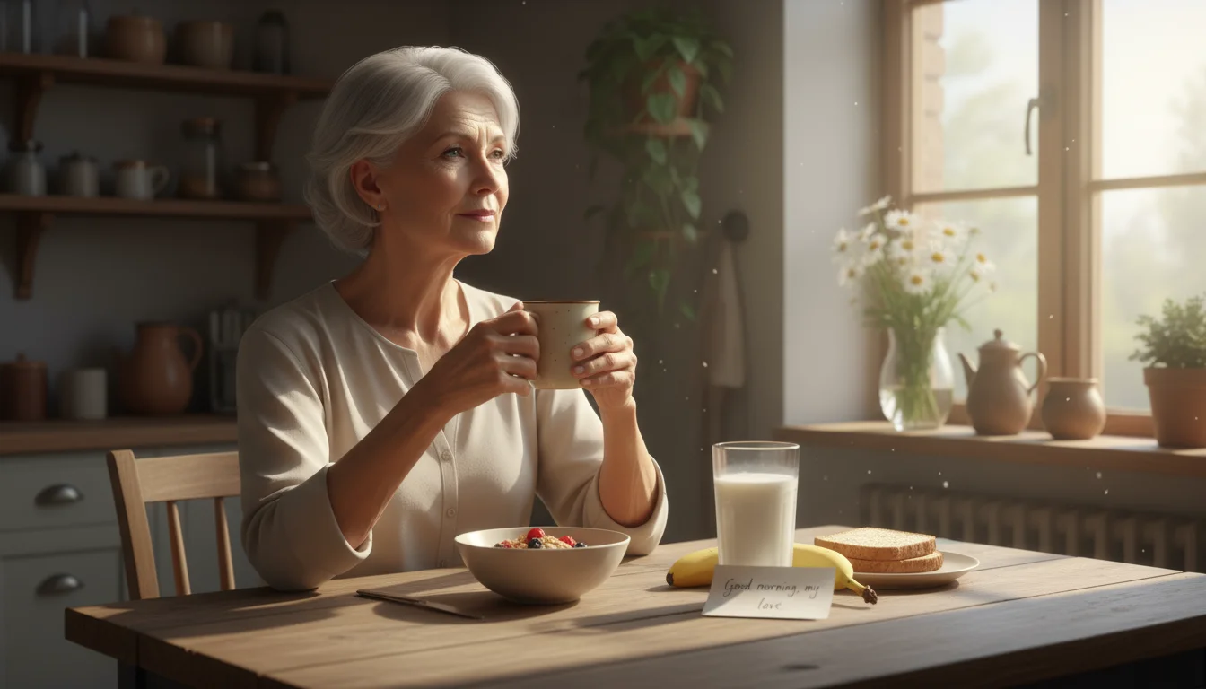 A serene older woman in her mid-70s sits at a sunlit kitchen table, holding a mug. A glass of milk is next to her plate.