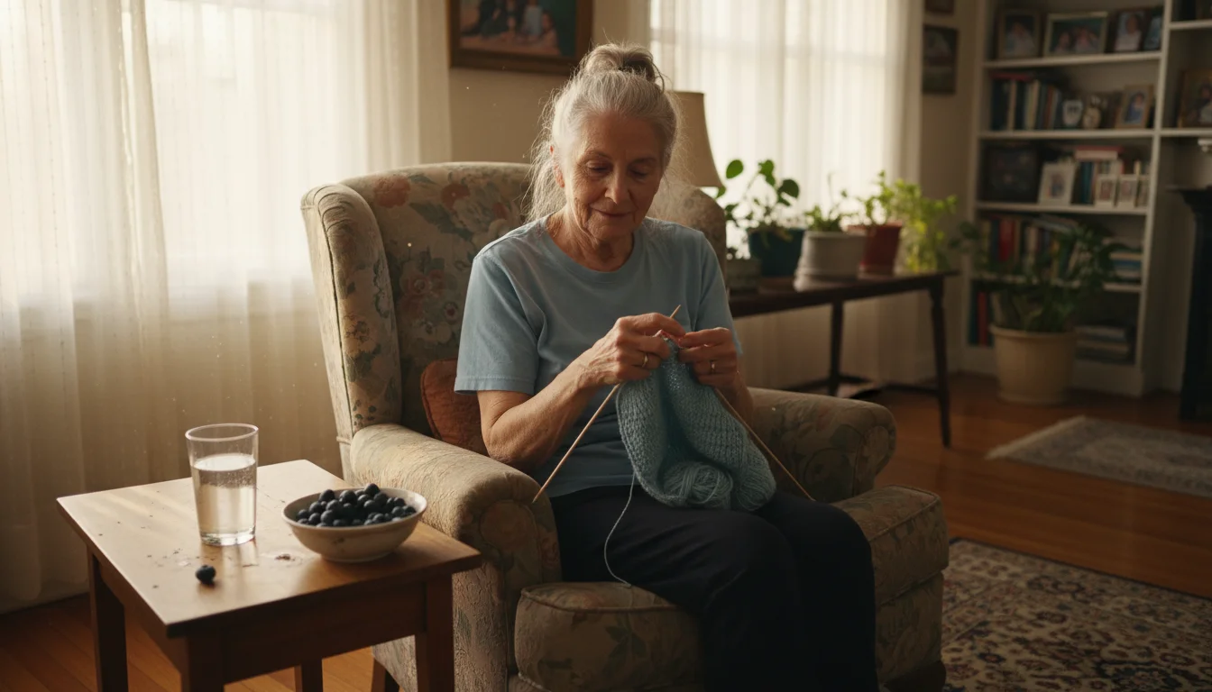 A serene older woman in her 70s relaxes in her living room, with a glass of water and a bowl of blueberries on a nearby table.
