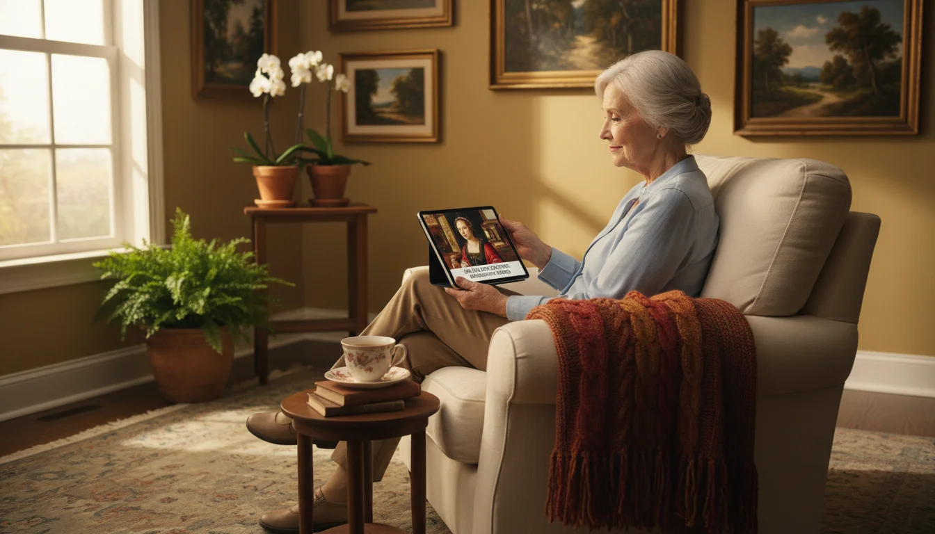 A serene woman in her early 70s, in a cozy living room, watches an art history lecture on a tablet, her face reflecting calm curiosity and enjoyment.