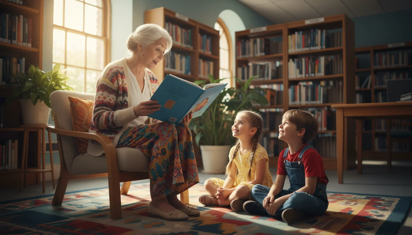 A silver-haired older woman in a library armchair reads aloud to two young children seated on a colorful rug, who listen intently.