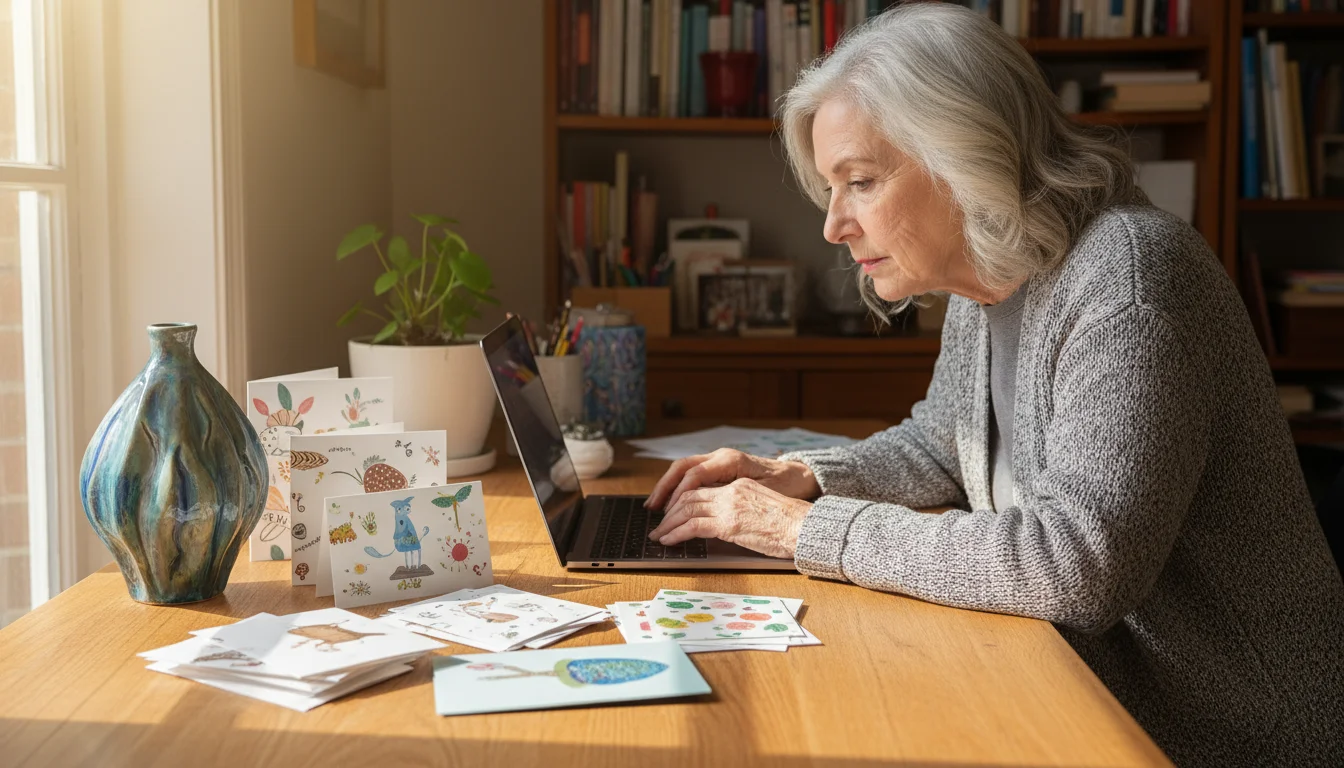 Silver-haired woman focused on a laptop at a sunlit desk, with handmade ceramic and cards nearby.