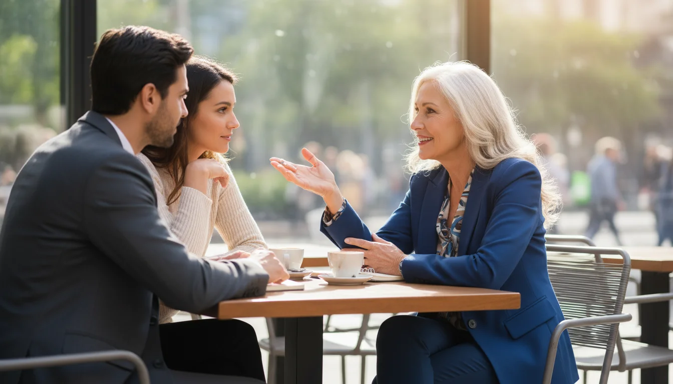 A silver-haired woman in her late 60s, dressed in smart casuals, animatedly converses with two younger professionals in a bright cafe setting.