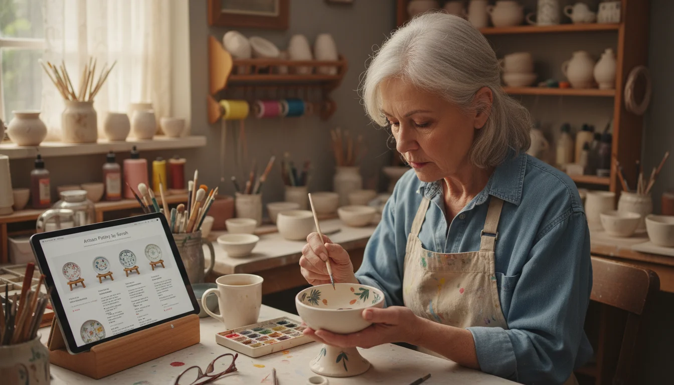 A silver-haired woman in her 70s paints a ceramic bowl at a workbench, with a tablet nearby showing an online shop.